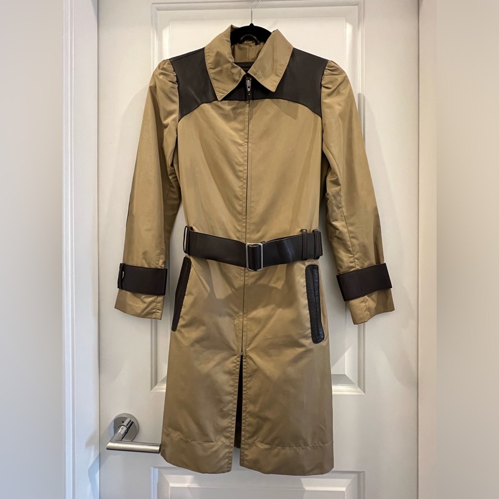 Rudsak - beige colour, light trench coat with dark brown leather trim.